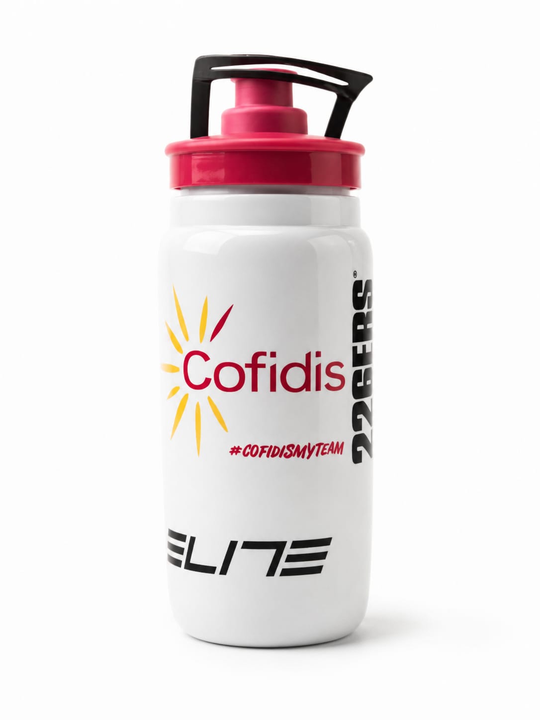 Elite Fly official Team Cofidis 550ml pro cycling water bottle in white, featuring the red and yellow Cofidis logo, 226ERS sponsor text, a red collar, and a black protective valve cap.