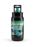 Elite Fly Team Decathlon AG2R La Mondiale pro cycling water bottle in black featuring a vibrant teal cosmic nebula background, white team typography, and a teal nozzle cap.