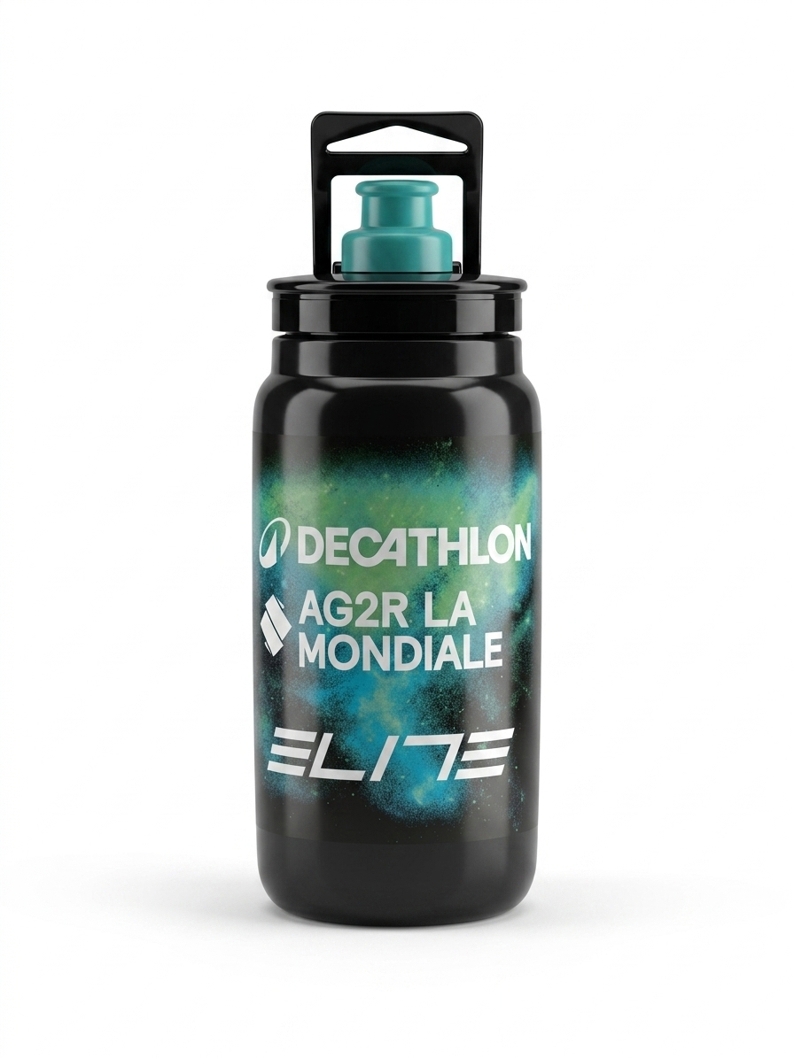 Elite Fly Team Decathlon AG2R La Mondiale pro cycling water bottle in black featuring a vibrant teal cosmic nebula background, white team typography, and a teal nozzle cap.