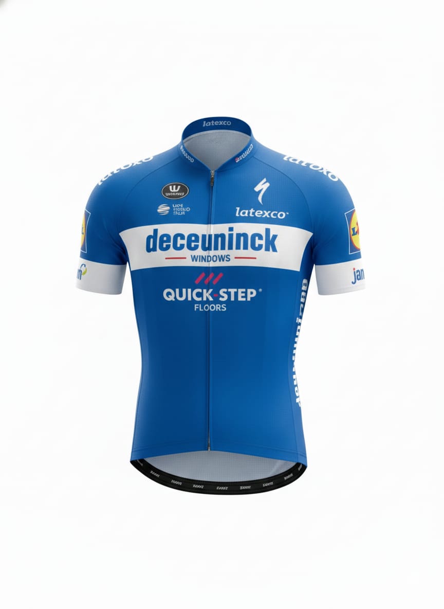 Front view of Deceuninck Quick-Step team replica short sleeve cycling jersey in royal blue and white