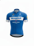 Front view of Deceuninck Quick-Step team replica short sleeve cycling jersey in royal blue and white