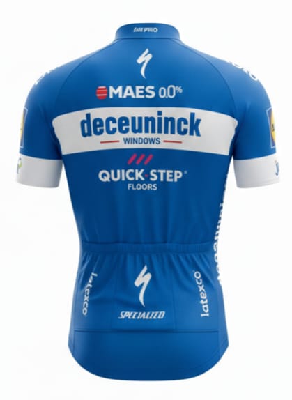 Back view of Deceuninck Quick-Step cycling jersey showing Specialized logo and triple rear pockets