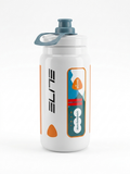 Elite Fly Team dsm-firmenich PostNL pro cycling water bottle in white featuring official team graphics, orange PostNL logo, and grey push-pull nozzle cap.