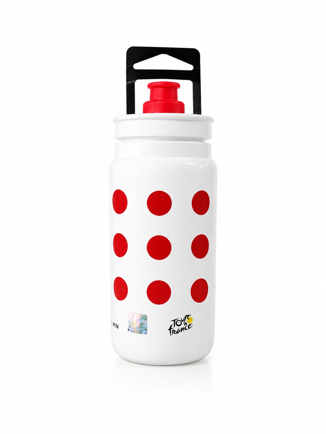 Elite Fly official Tour de France 550ml cycling water bottle in white with red polka dots, featuring the King of the Mountains jersey design, a red spout, and a black protective valve cap.