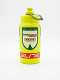 Elite Fly Team Intermarché-Wanty pro cycling water bottle in high-visibility neon yellow featuring the official dark green team crest, Intermarché Wanty logo, and a red Elite brand block.
