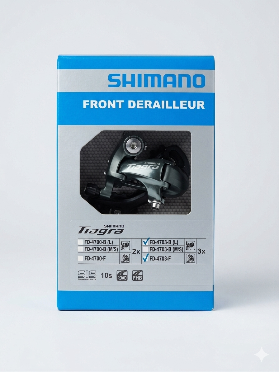 Vertical blue and silver retail box packaging for the Shimano Tiagra FD-4703 3x10 speed front derailleur, showing the component through the geometric cutout window.