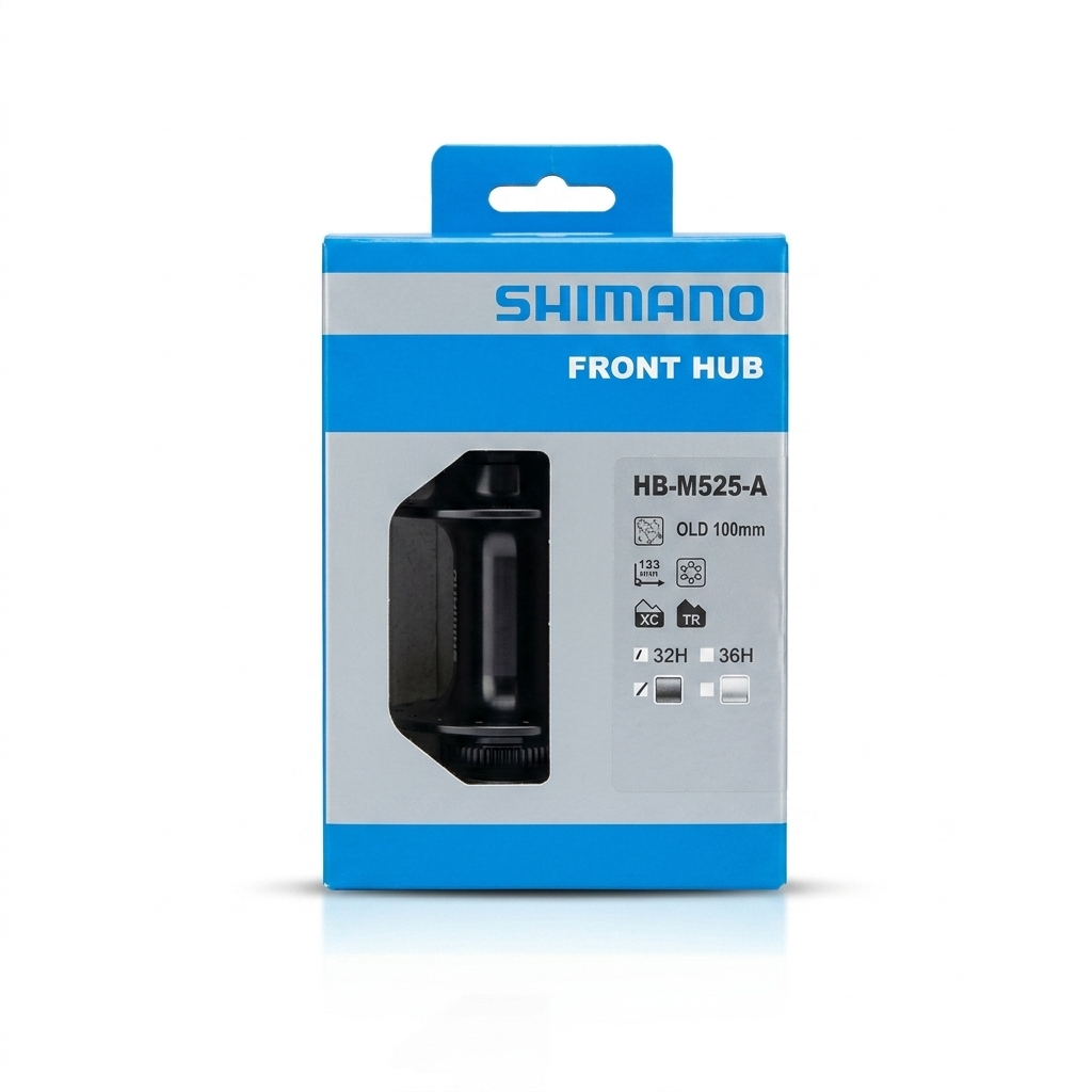 Shimano Deore HB-M525-A mountain bike front disc hub in black, showcased inside its original blue and silver retail packaging box on promaxsports.in