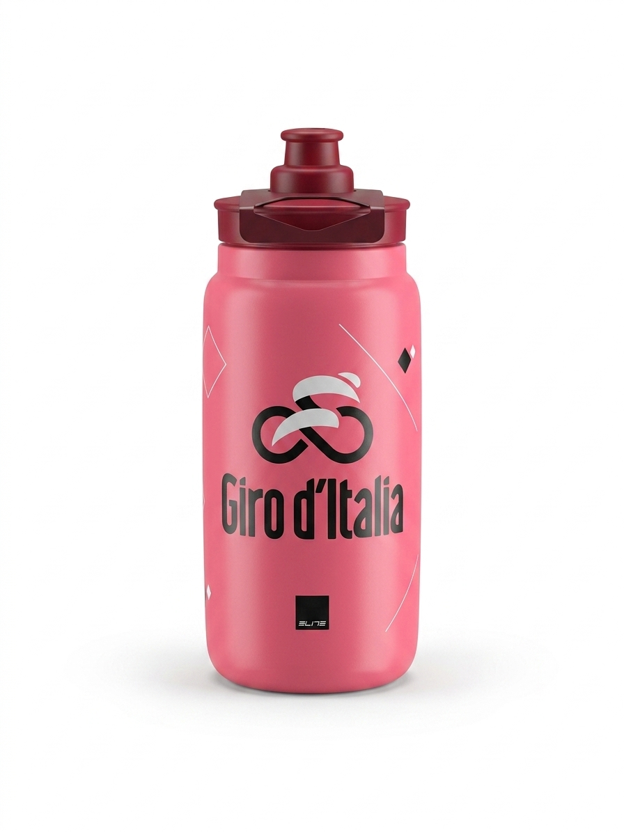 Elite Fly Giro d'Italia official Grand Tour cycling water bottle in iconic Maglia Rosa pink with the black infinity race logo