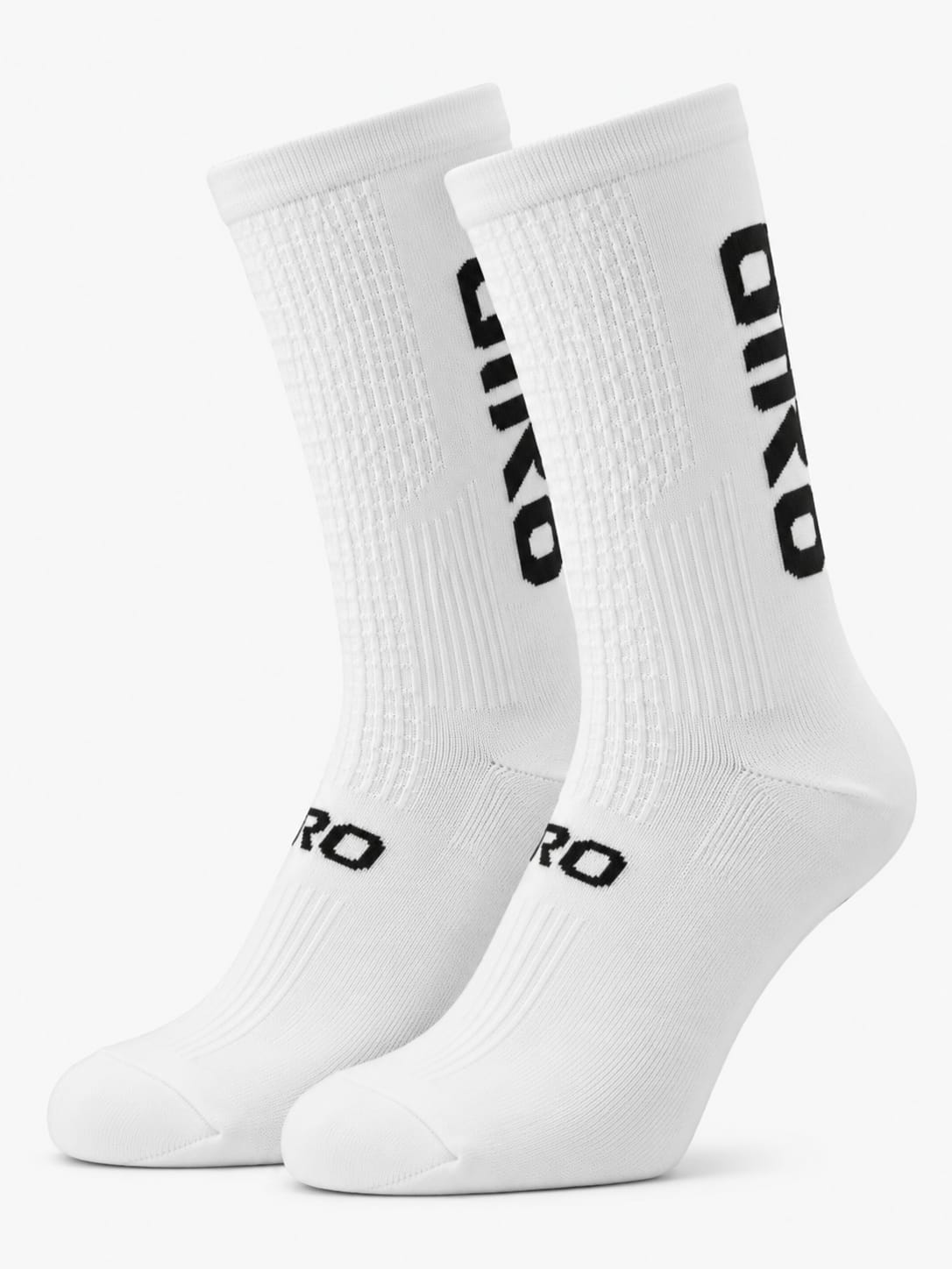 Pair of classic white crew-height Giro performance cycling socks featuring bold black text branding, structured vertical ribbing, and mesh ventilation details against a plain background.