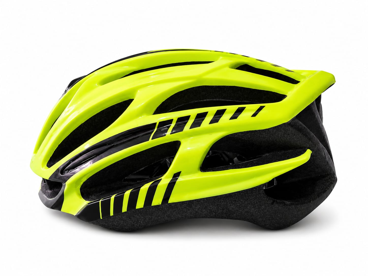 A side profile view of a streamlined road cycling helmet featuring a glossy high-visibility yellow outer shell with sharp black racing stripes and a black lower trim, revealing a textured black EPS foam liner and internal air ventilation channels, set against a clean white background