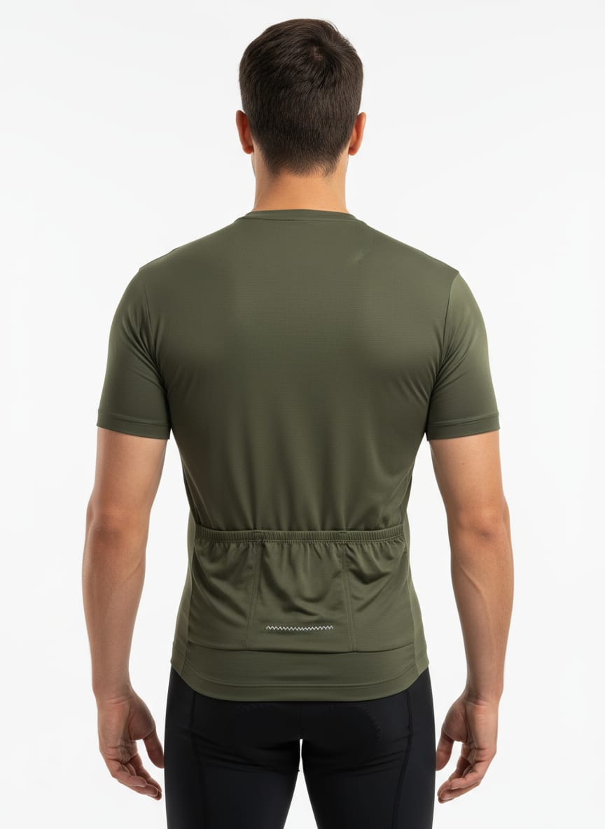 Rear view of a male model wearing the olive green Reeck race fit cycling jersey, highlighting the three elasticated back pockets and a horizontal reflective safety strip.