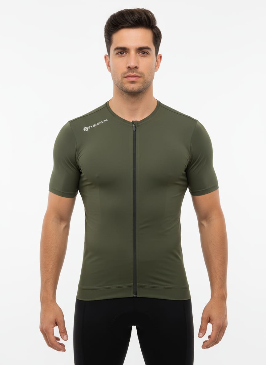 Front studio shot of a male model wearing a tight-fitting olive green Reeck short sleeve cycling jersey featuring a full-length zipper and a white logo on the shoulder.