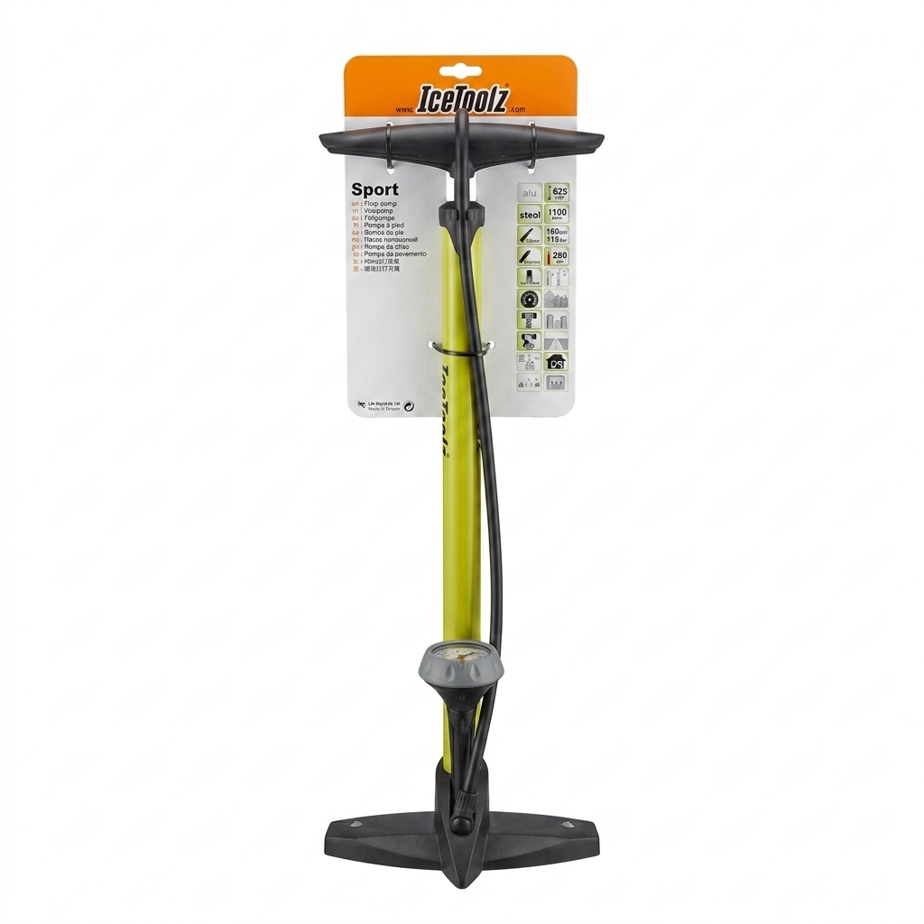 IceToolz Sport bicycle floor pump in lime green and black with integrated pressure gauge and original packaging cardboard
