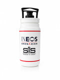 Elite Fly official Science in Sport SiS x INEOS Grenadiers 550ml cycling water bottle in white, featuring the INEOS Grenadiers and SiS logos, thin red accent lines, and a black protective valve cap.