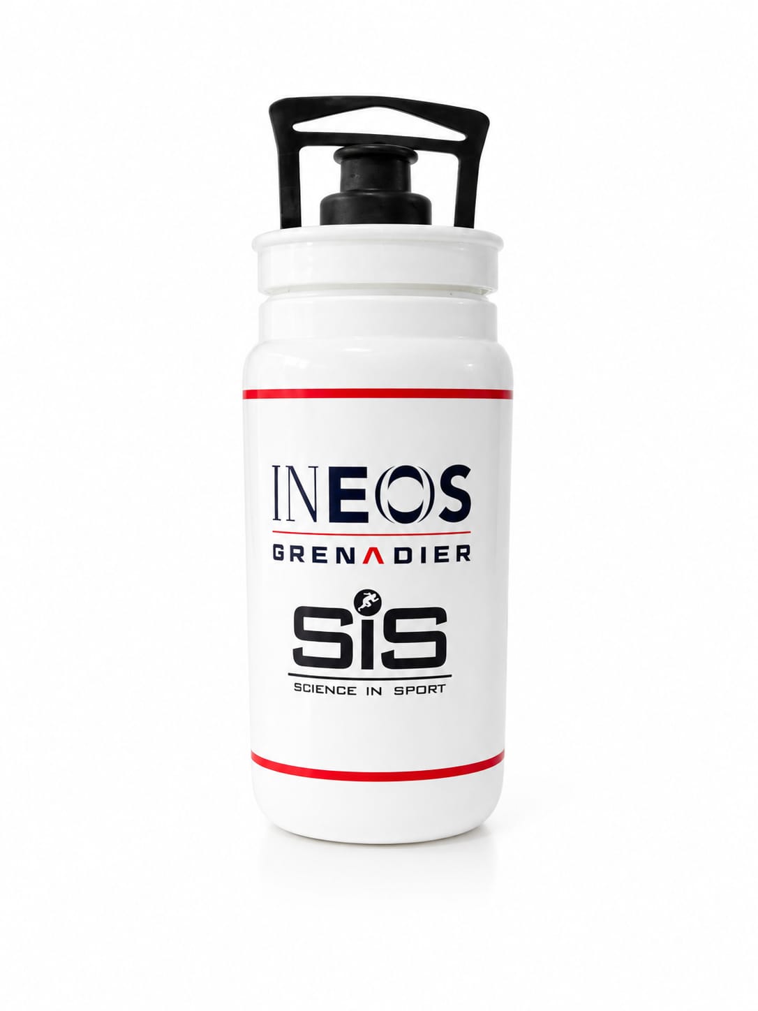Elite Fly official Science in Sport SiS x INEOS Grenadiers 550ml cycling water bottle in white, featuring the INEOS Grenadiers and SiS logos, thin red accent lines, and a black protective valve cap.
