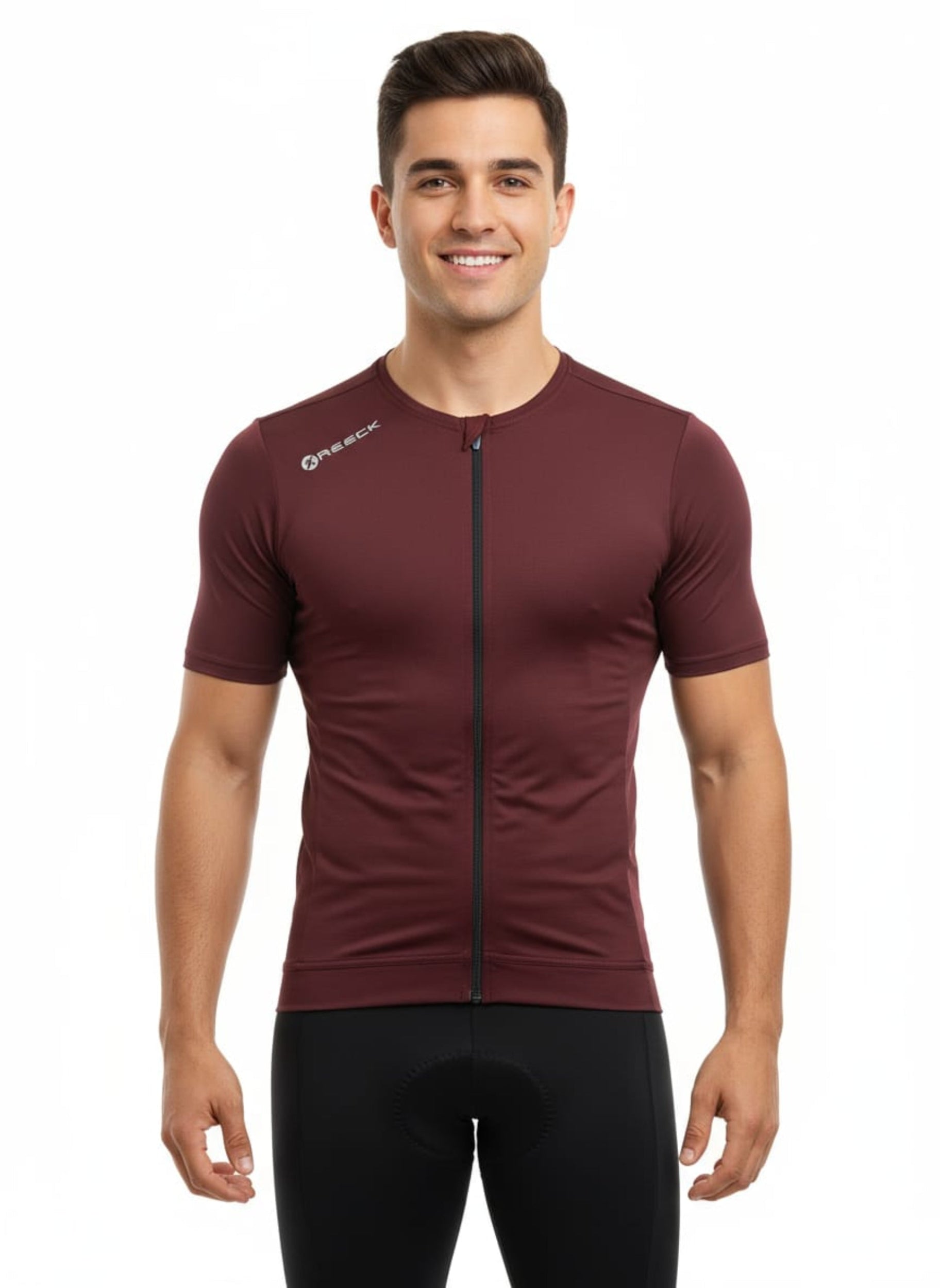 Front studio view of a male model wearing a tight-fitting, deep maroon Reeck short sleeve cycling jersey with a small white brand logo on the right collarbone.