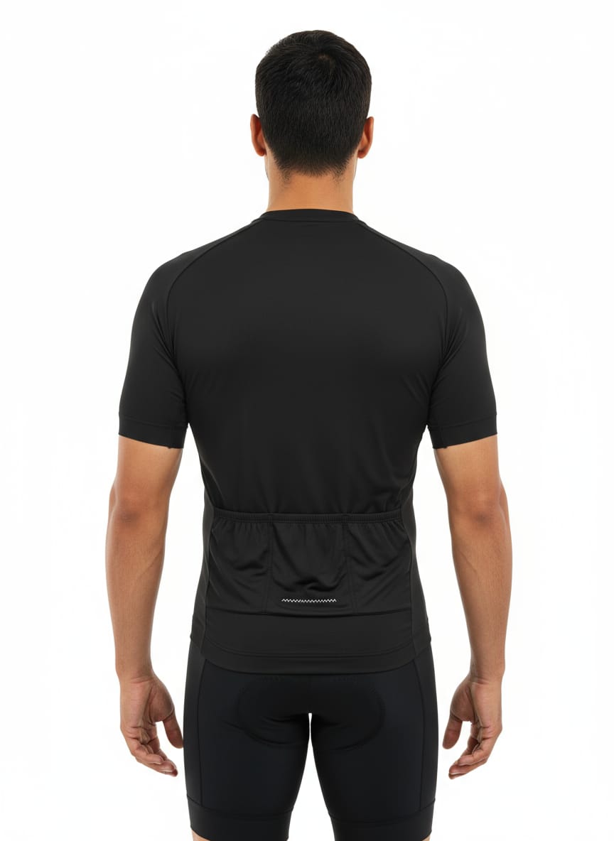 Rear view of a male model wearing the black Reeck race fit cycling jersey, highlighting the three elasticated back cargo pockets and a horizontal silver reflective safety strip.