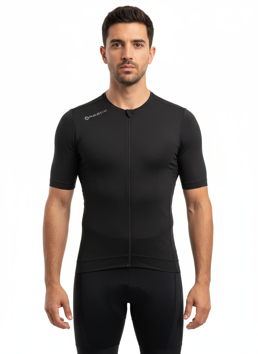 Front studio view of a male model wearing a tight-fitting, all-black Reeck short sleeve cycling jersey with a full-length zipper and a small white brand logo on the right shoulder.