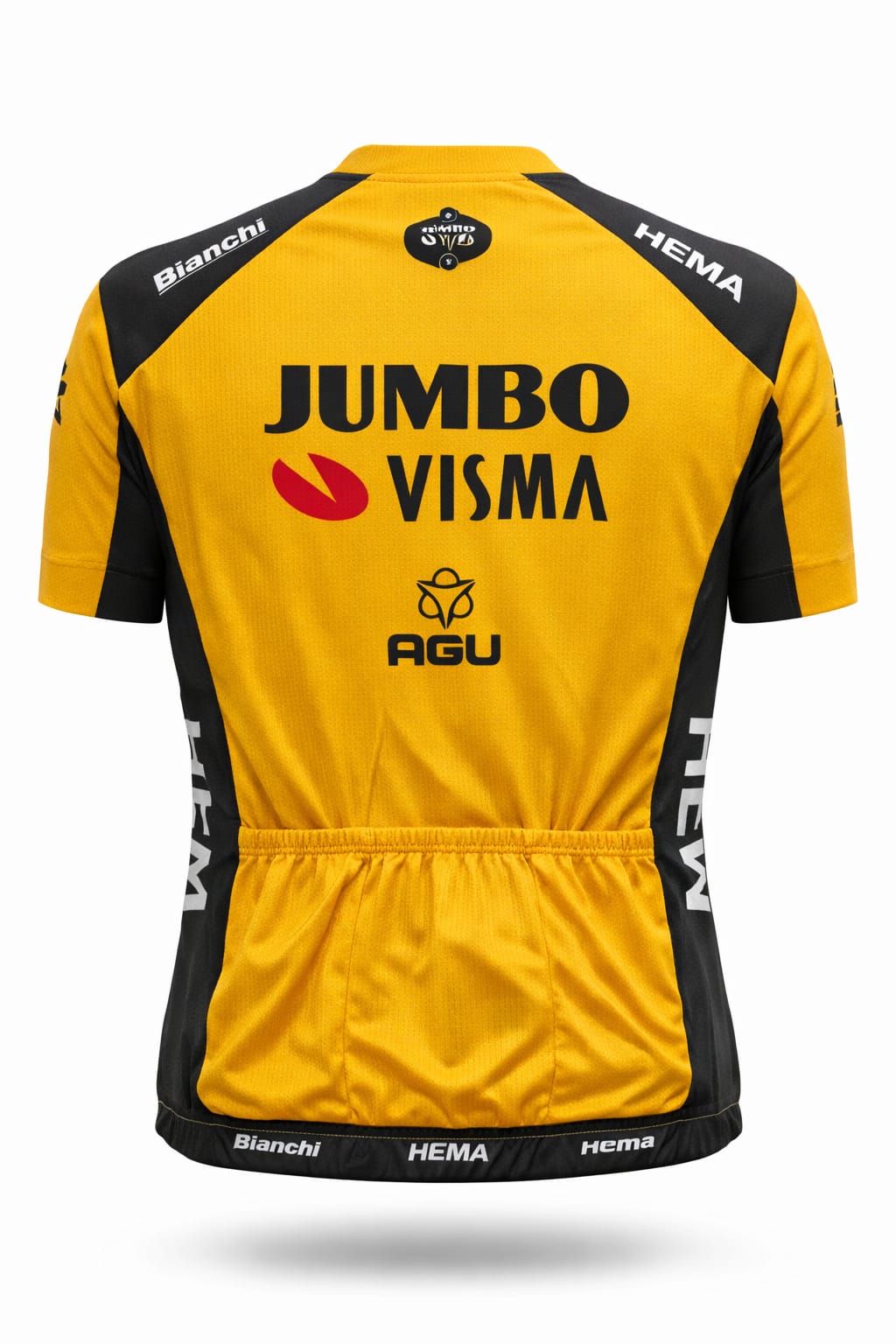 Back view of Team Jumbo Visma cycling jersey showing triple rear storage pockets and AGU logo