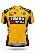 Front view of Team Jumbo Visma replica short sleeve cycling jersey in yellow and black by AGU