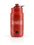 Elite Fly La Vuelta official Grand Tour cycling water bottle in vibrant red with white La Vuelta logo text and black Elite branding, shown in 1780463542834.png.