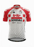 Front view of Lotto Soudal team replica short sleeve cycling jersey in white and red with full zip