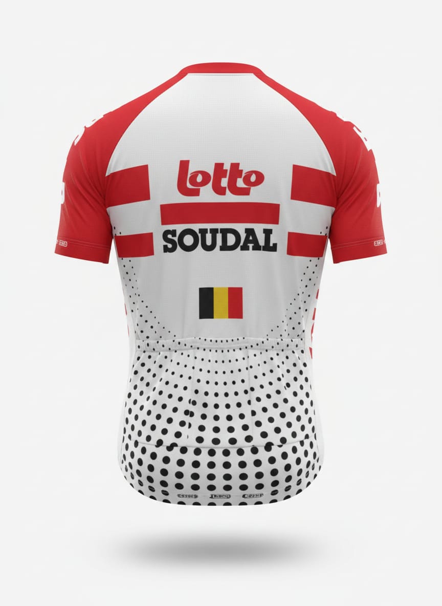 Back view of Lotto Soudal cycling jersey showing triple rear pockets, halftone dot pattern, and Belgian flag