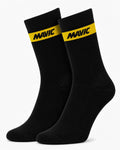 Pair of Mavic performance crew-height cycling socks in sleek black, featuring a single prominent horizontal yellow stripe at the cuff with black Mavic text branding, shown against a plain background.