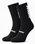 Pair of Mavic performance crew-height cycling socks in sleek stealth black, featuring bold white text branding stacked vertically along the side of the upper cuff and across the instep, displayed against a plain background.