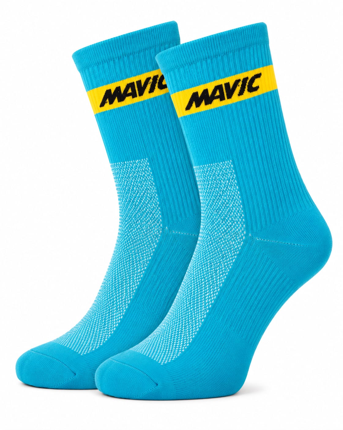 Pair of Mavic performance crew-height cycling socks in a vibrant sky blue colorway, featuring a single horizontal yellow accent stripe at the cuff with black Mavic text branding and a white-flecked mesh ventilation panel on the instep, displayed against a plain background.