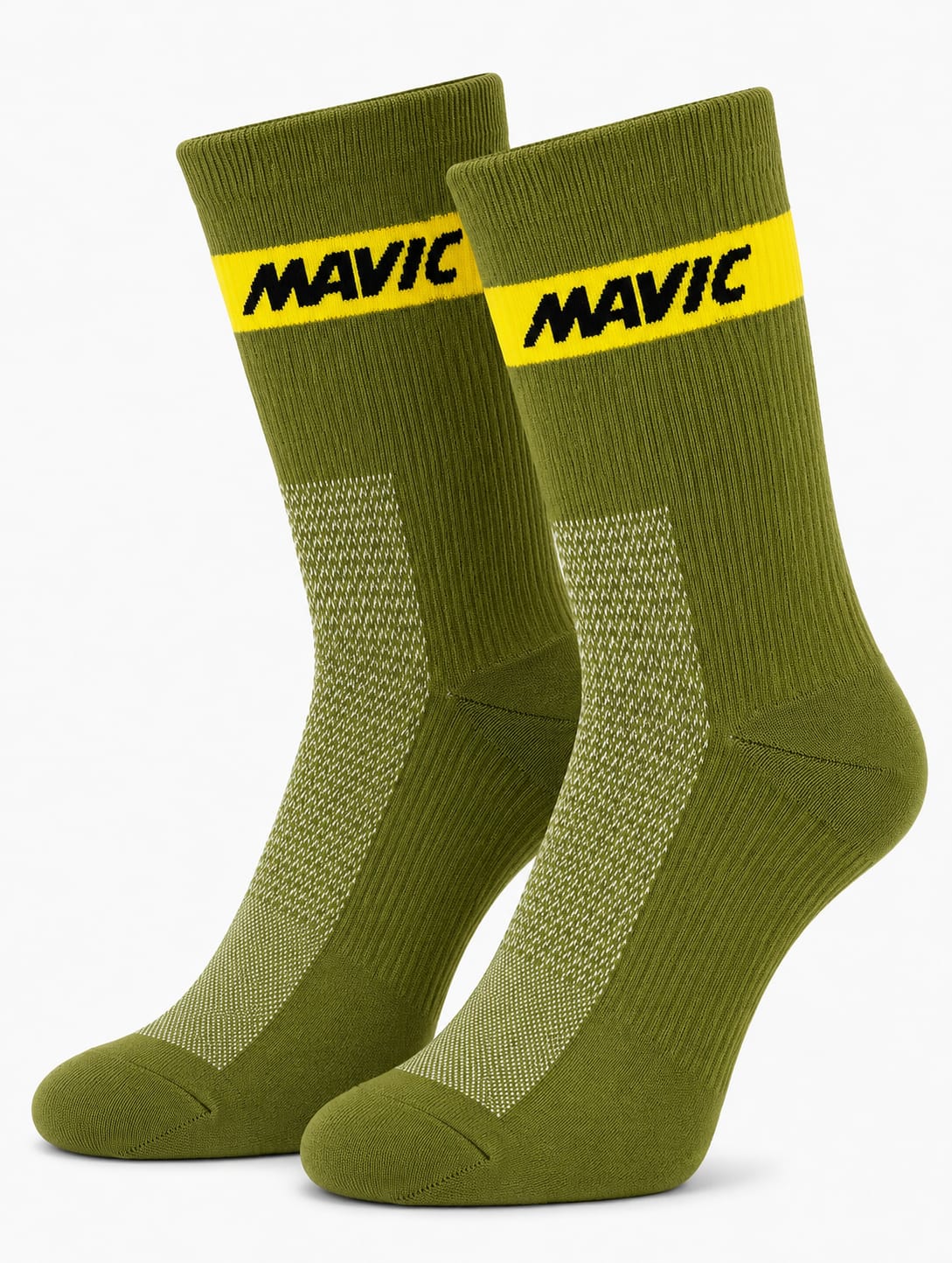 Pair of Mavic performance crew-height cycling socks in a muted olive green, featuring a single horizontal yellow accent stripe at the cuff with black Mavic text branding and a white-flecked mesh ventilation panel on the instep, displayed against a plain background.