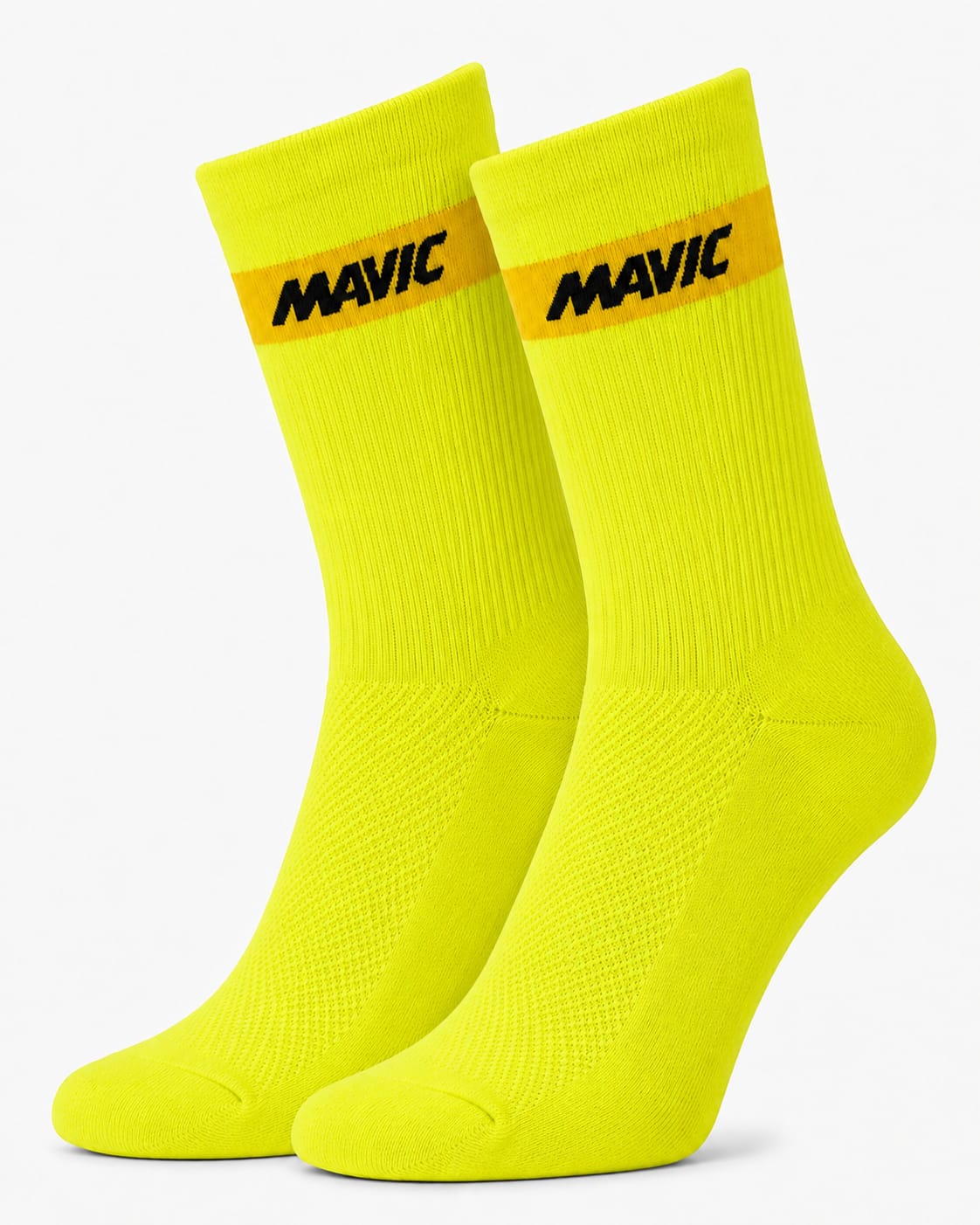 Pair of Mavic performance crew-height cycling socks in vibrant high-visibility safety yellow, featuring a single horizontal accent stripe at the cuff with black Mavic text branding, displayed against a plain background.