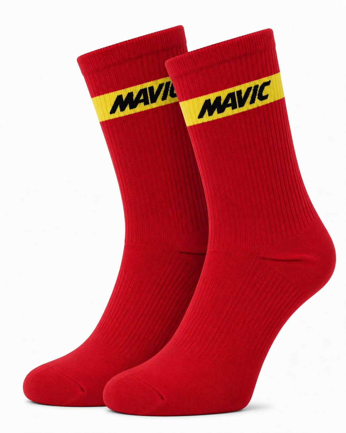 Pair of Mavic performance crew-height cycling socks in vibrant racing red, featuring a single horizontal yellow accent stripe at the cuff with black Mavic text branding, displayed against a plain background.
