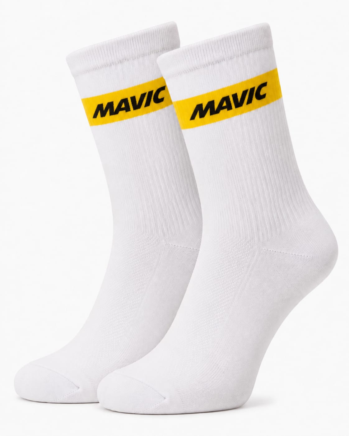 Pair of Mavic performance crew-height cycling socks in crisp classic white, featuring a single prominent horizontal yellow stripe at the cuff with black Mavic text branding, displayed against a plain background.
