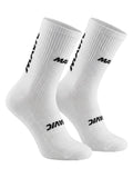 Pair of Mavic performance crew-height cycling socks in crisp classic white, featuring bold black text branding stacked vertically along the side of the upper cuff and across the instep, displayed against a plain background.