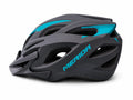 A side profile view of a MERIDA cycling helmet featuring a matte dark grey outer shell with vibrant teal structural accents and the Merida brand name printed on the side, including a matching removable front visor and a textured black EPS foam liner with integrated ventilation channels, set against a clean white background