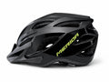 Side profile view of a gloss black Merida cycling helmet with neon yellow branding, aerodynamic cooling vents, and an attached front visor against a white background