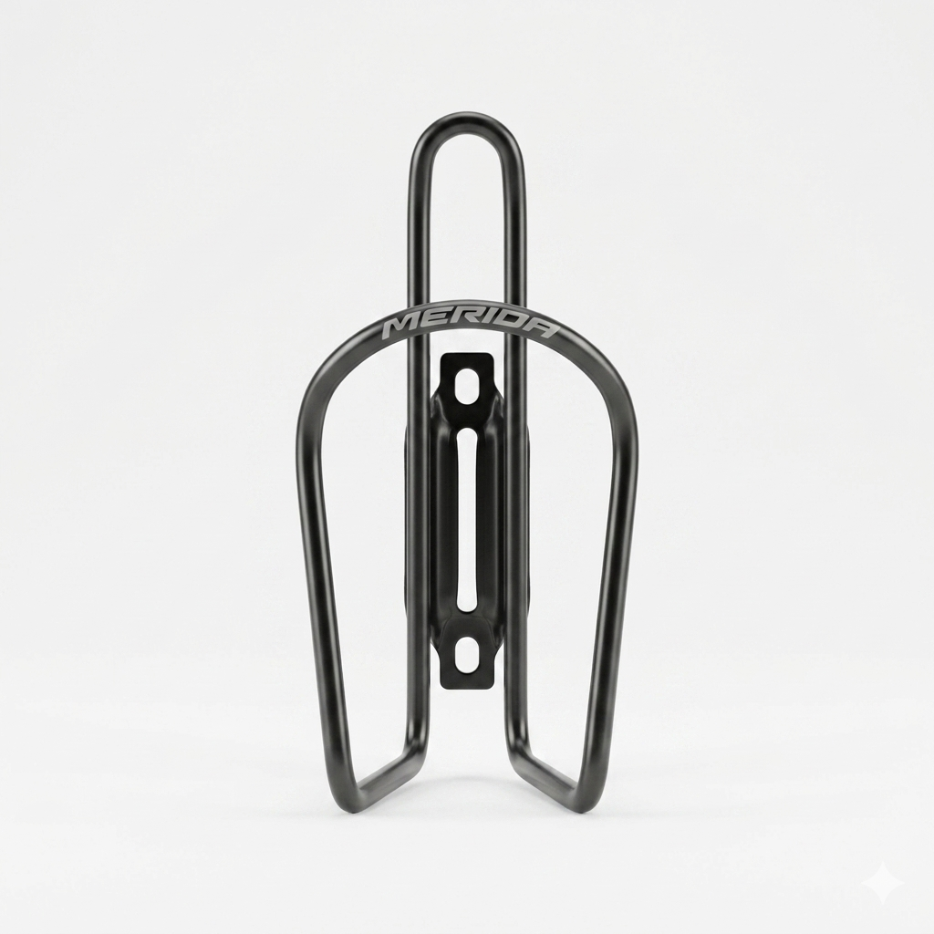 Front view of a sleek, matt black Merida aluminum alloy bicycle water bottle cage with a clean tubular design and slotted mounting spine, isolated on a plain white background.