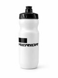 Merida 550ml cycling water bottle in a clean white finish, featuring the bold black Merida logo, textured black screw-on cap, and black pull valve.