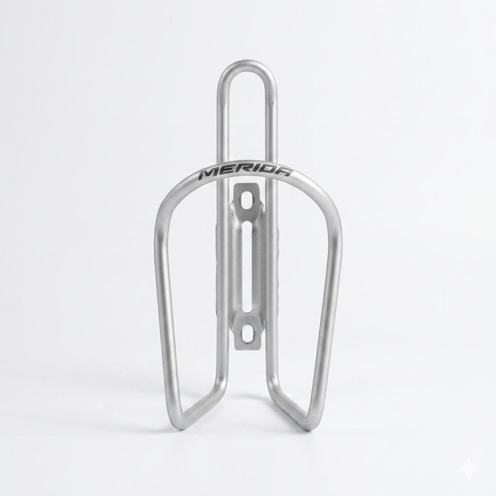 Front view of a sleek, matt silver Merida aluminum alloy bicycle water bottle cage with a clean tubular design and slotted mounting spine, isolated on a plain white background.