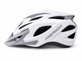 A side profile view of a MERIDA cycling helmet featuring a matte white outer shell with light grey structural accents and the Merida brand name printed on the side, including a matching removable grey visor and exposed black EPS foam ventilation channels, displayed against a white background