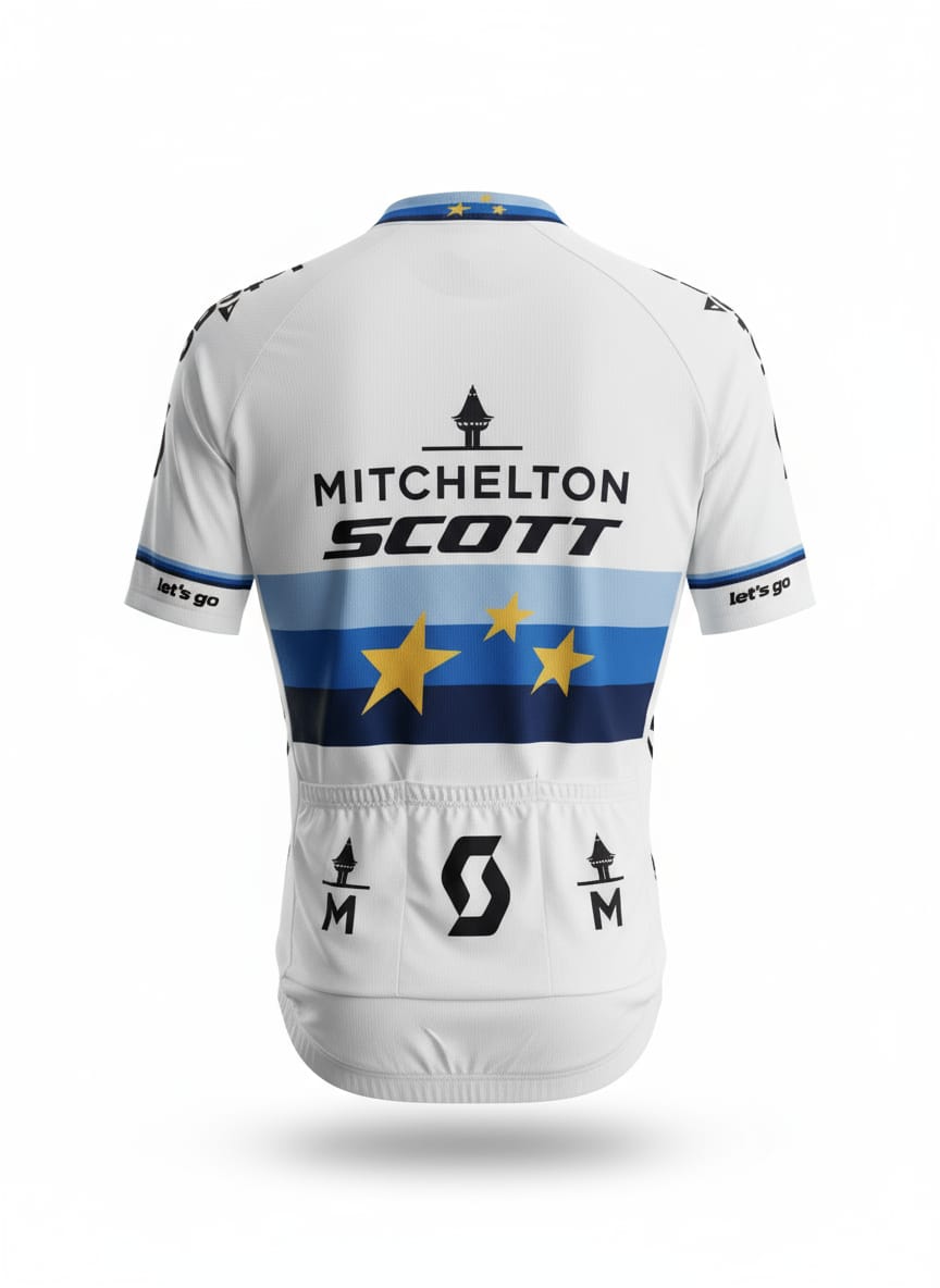 Rear studio view of the white Mitchelton-Scott European Champion cycling jersey, showcasing the continuing blue victory bands, gold stars, and three lower elastic storage pockets.