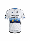 Front studio view of the white Mitchelton-Scott European Champion edition short-sleeve cycling jersey, featuring blue bands with gold stars across the chest and official UEC branding.