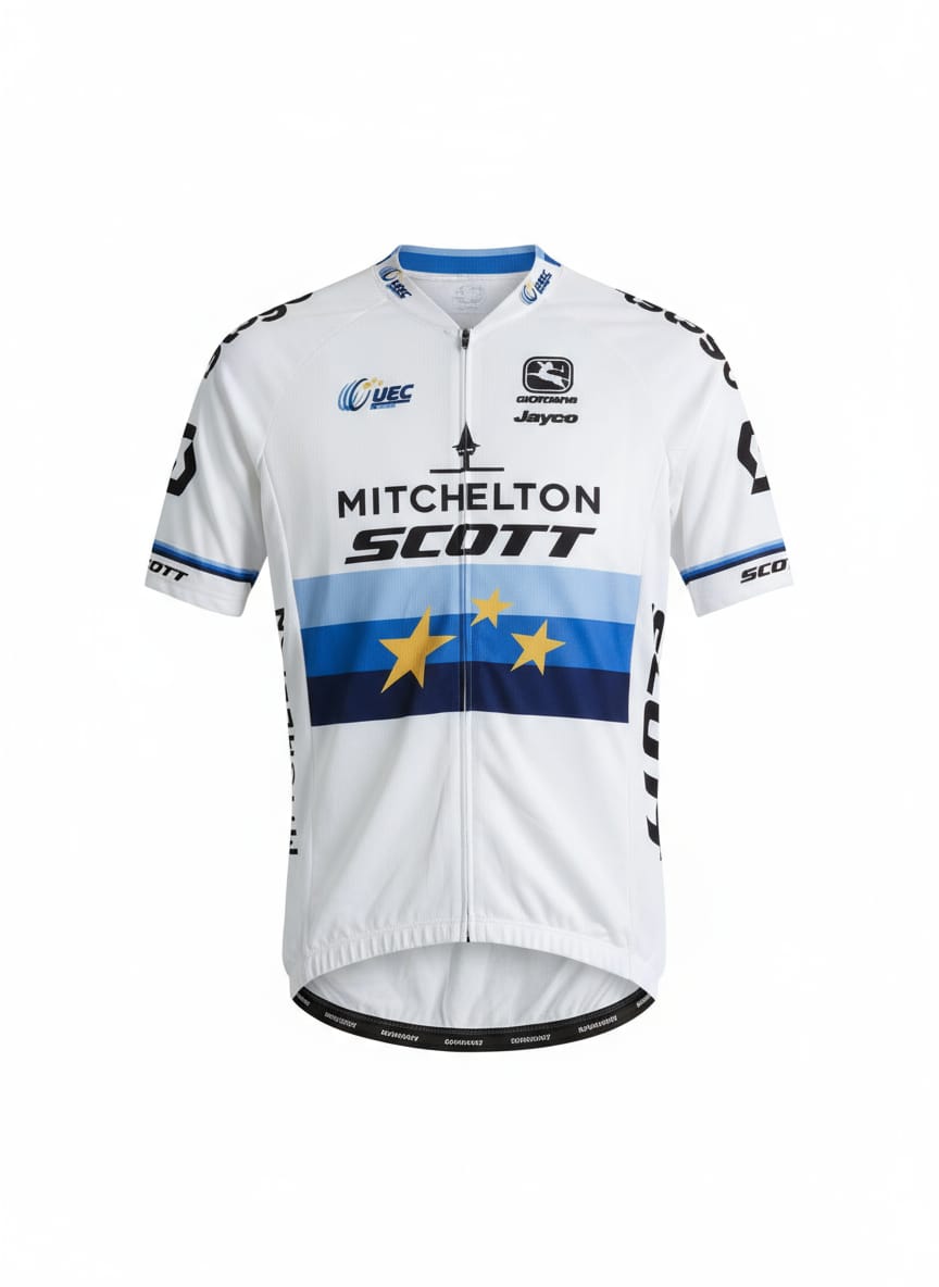 Front studio view of the white Mitchelton-Scott European Champion edition short-sleeve cycling jersey, featuring blue bands with gold stars across the chest and official UEC branding.