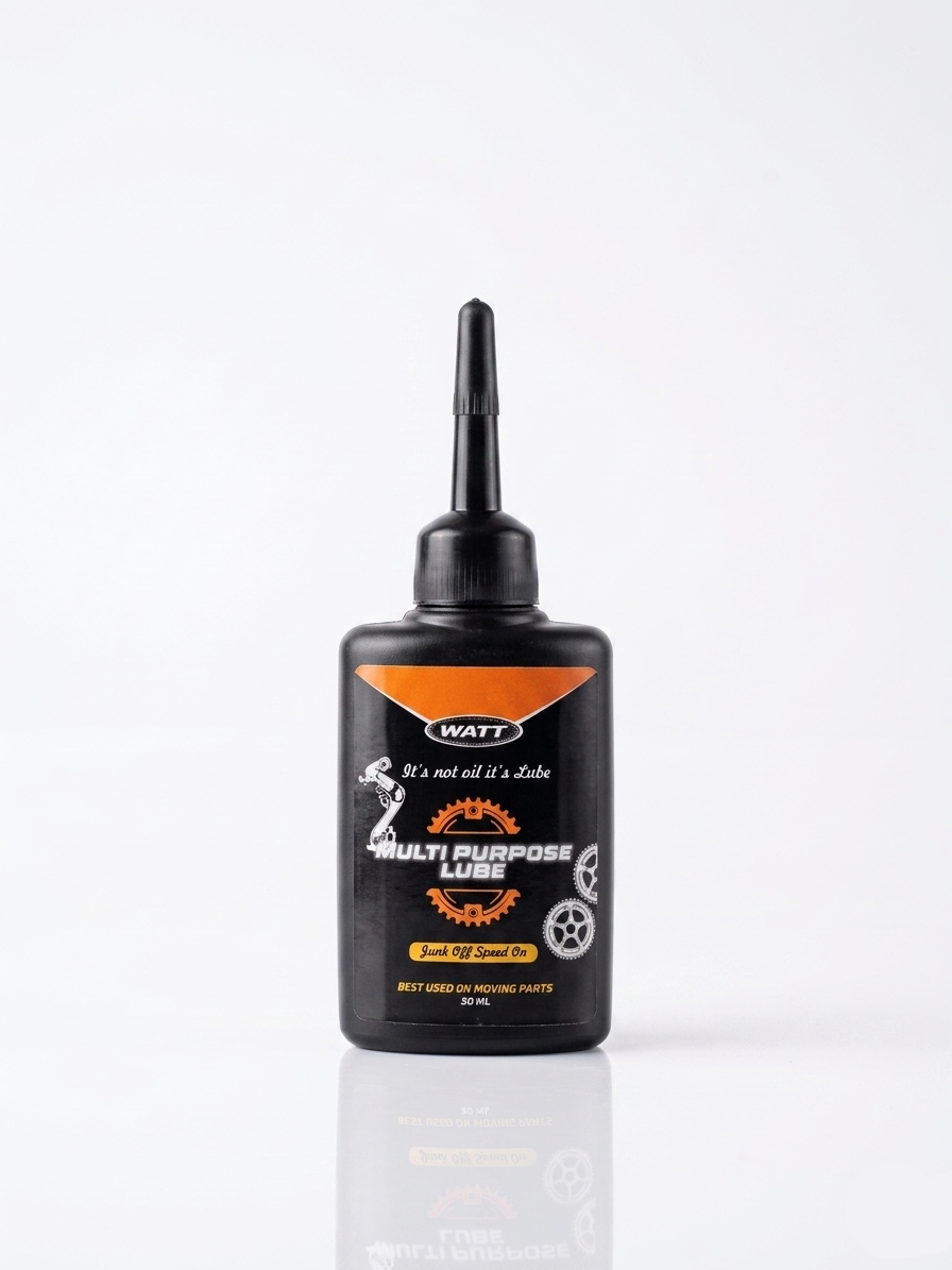 A 50ml black bottle of WATT Multi-Purpose Lube with an orange and black label, featuring a long precision applicator nozzle, standing upright against a clean white background.