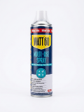 A large aerosol spray can of WATT 60 Multi-Use Spray with a blue, yellow, and red label highlighting featuring a white plastic cap and standing upright against a white background.