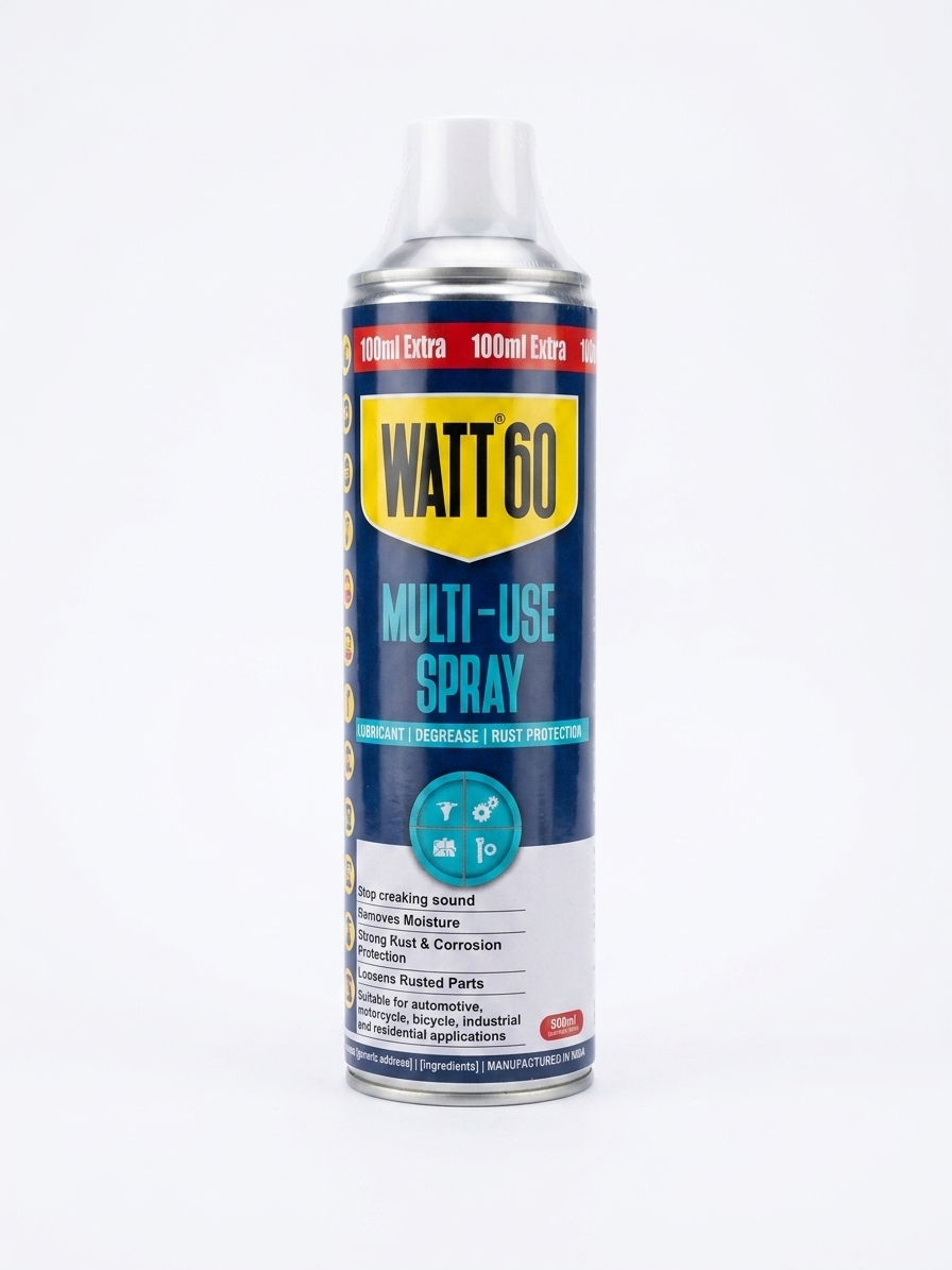 A large aerosol spray can of WATT 60 Multi-Use Spray with a blue, yellow, and red label highlighting featuring a white plastic cap and standing upright against a white background.