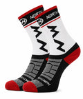 A pair of NORTHWAVE brand performance crew cycling socks in white, black, and red, featuring geometric NW branding on the upper cuff and a textured mesh design over the foot, displayed upright against a clean white background