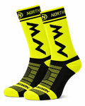 A pair of NORTHWAVE brand performance crew cycling socks in high-visibility yellow and black, featuring geometric NW branding on the upper cuff and a textured mesh design over the foot, displayed upright against a clean white background
