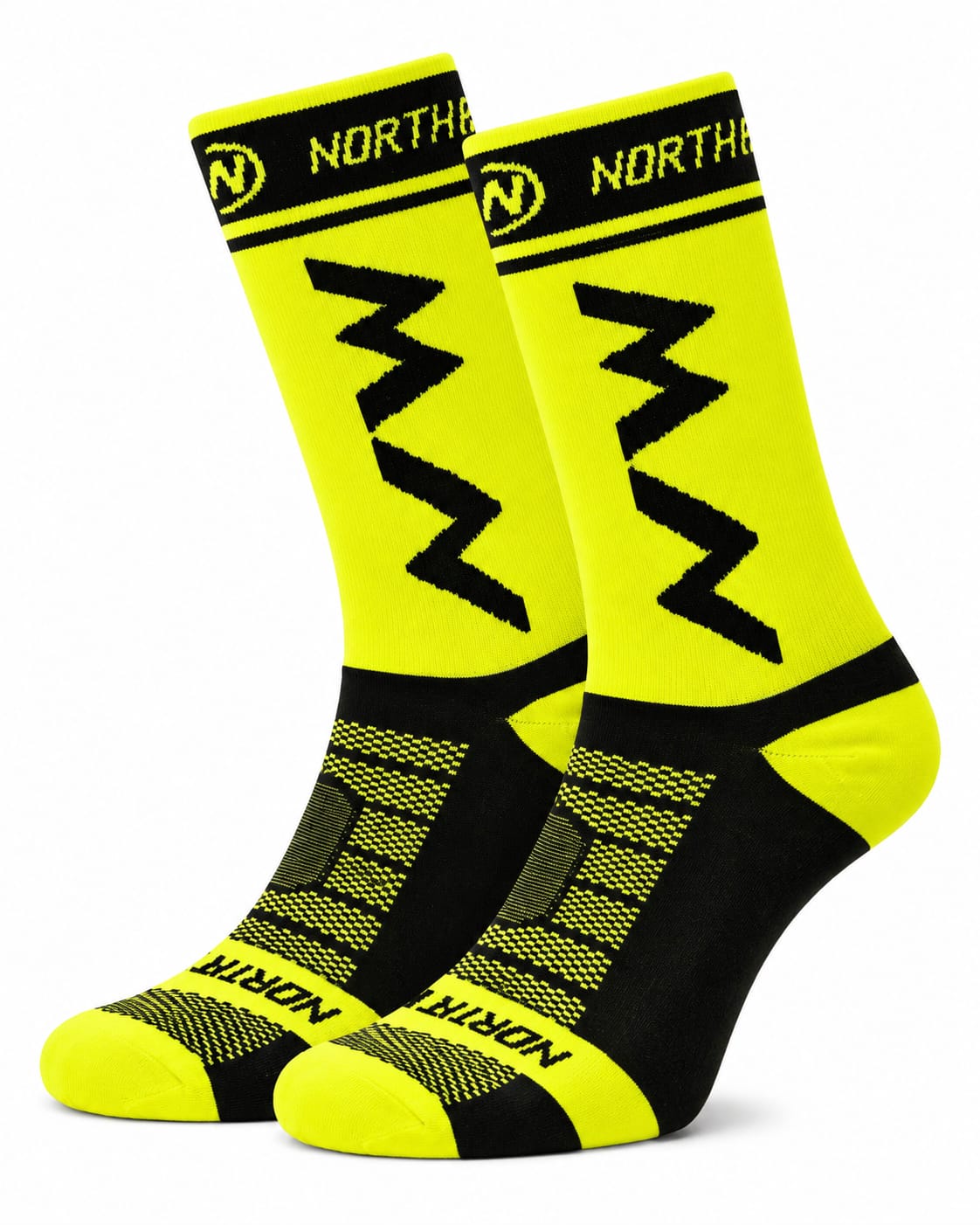 A pair of NORTHWAVE brand performance crew cycling socks in high-visibility yellow and black, featuring geometric NW branding on the upper cuff and a textured mesh design over the foot, displayed upright against a clean white background